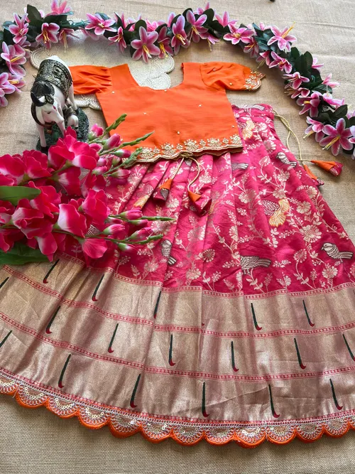 Premium Banarasi Dola Silk with elegant Zari Weaving Kids Lehengas